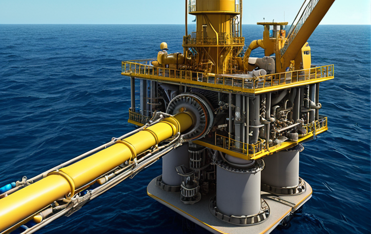 **Deep-sea gas extraction platform:** Show a modern subsea installation extracting gas from the seabed. Include elements like pipelines, valves, and support structures, emphasizing the deep-sea environment.