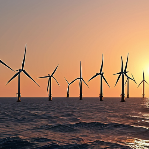 Home 6 **A vast offshore wind farm at sunset, turbines gracefully turning, with subtle Bengali coastal details in the foreground.**