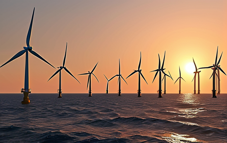 **A vast offshore wind farm at sunset, turbines gracefully turning, with subtle Bengali coastal details in the foreground.**