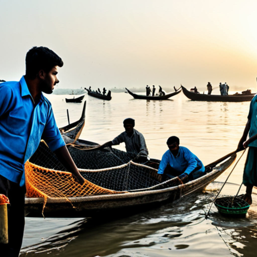 해양자원 개발에 대한 국제적인 논의 - "A group of fully clothed Bangladeshi fishermen in appropriate attire, pulling nets filled with fish...