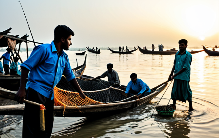 해양자원 개발에 대한 국제적인 논의 - "A group of fully clothed Bangladeshi fishermen in appropriate attire, pulling nets filled with fish...