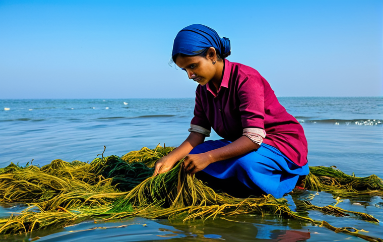 해양자원 개발에 대한 국제적인 논의 - "A group of fully clothed Bangladeshi fishermen in appropriate attire, pulling nets filled with fish...
