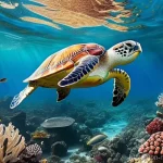 Home 19 해양자원 개발 환경 영향 - **Prompt:** A serene underwater scene showcasing a vibrant coral reef, partially obscured by various...