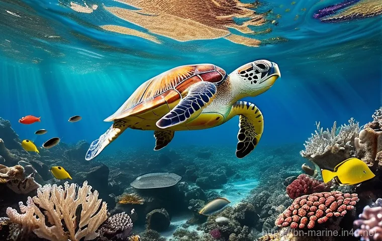 해양자원 개발 환경 영향 - **Prompt:** A serene underwater scene showcasing a vibrant coral reef, partially obscured by various...